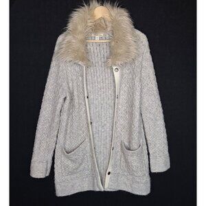 💙 Coldwater Creek Thick Knit Cardigan Jacket Faux Fur Size L Warm Cozy Chic Cab